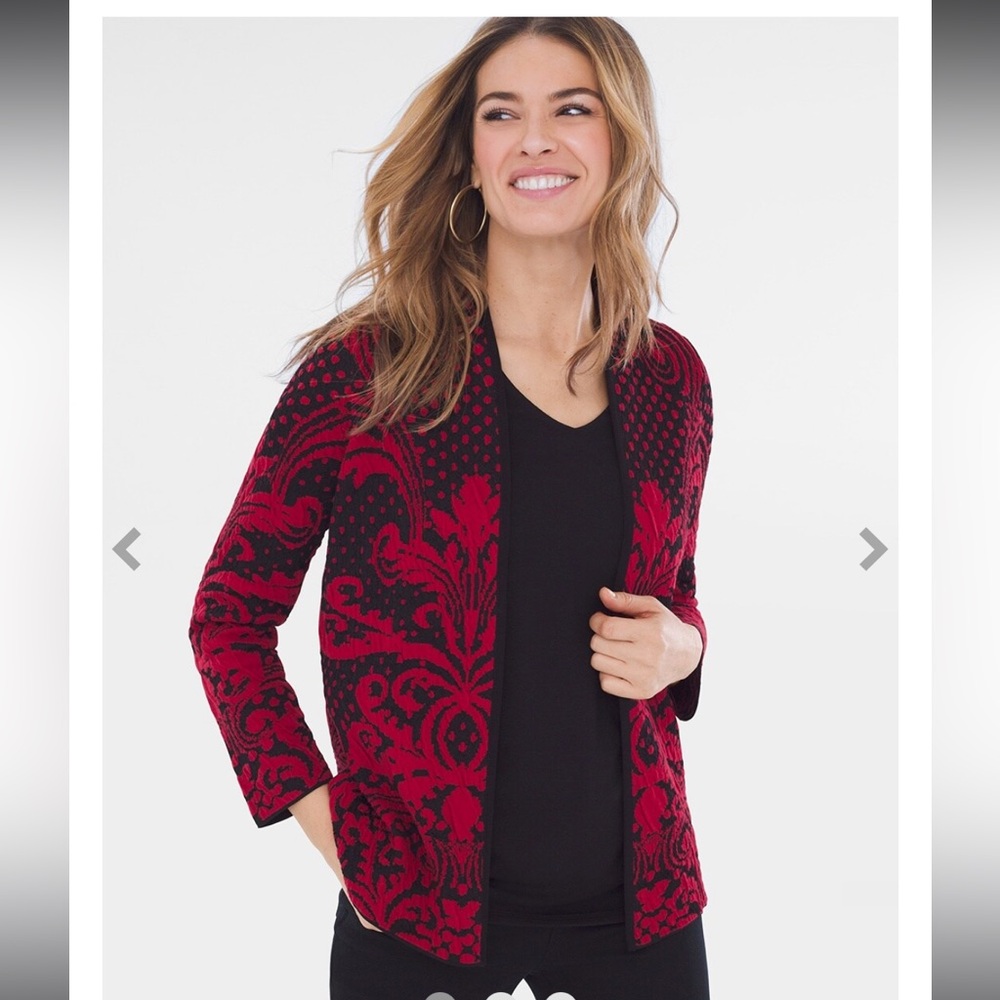 Chico’s Women’s Red Black Patterned Jacquard Open Front Cardigan Sweater Medium